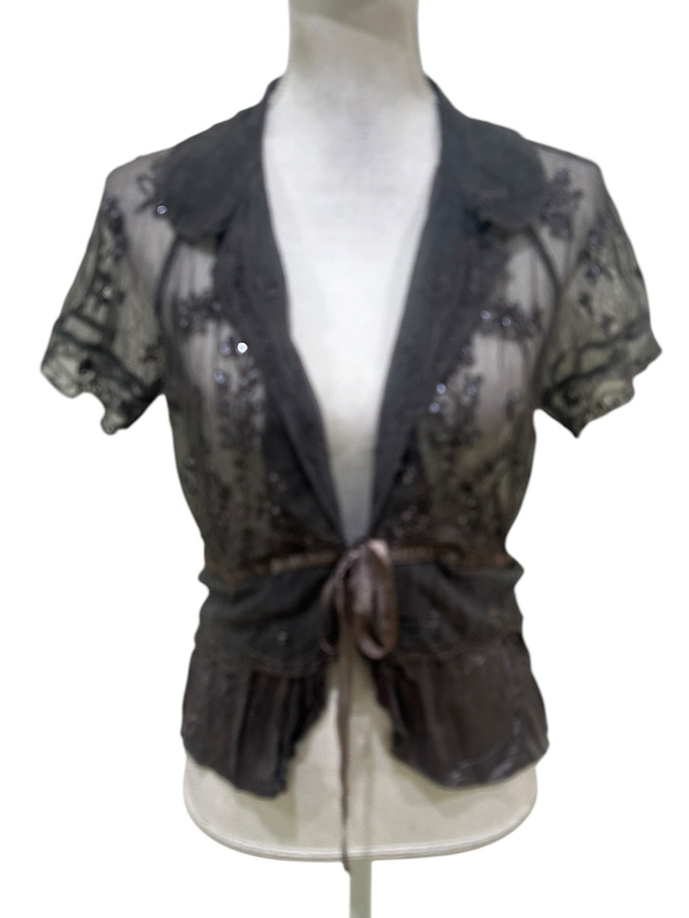 hale bob Sheer taupe Short-Sleeve Tie-Front Blouse Embellished silk large